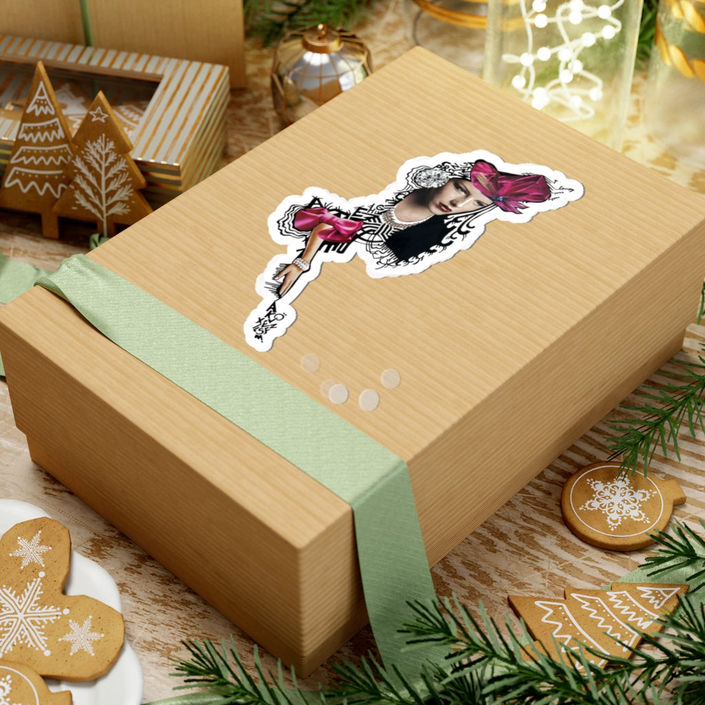 Fashion Girl Kiss-Cut Sticker — Vintage Portrait with Pink Bow Laptop Decal