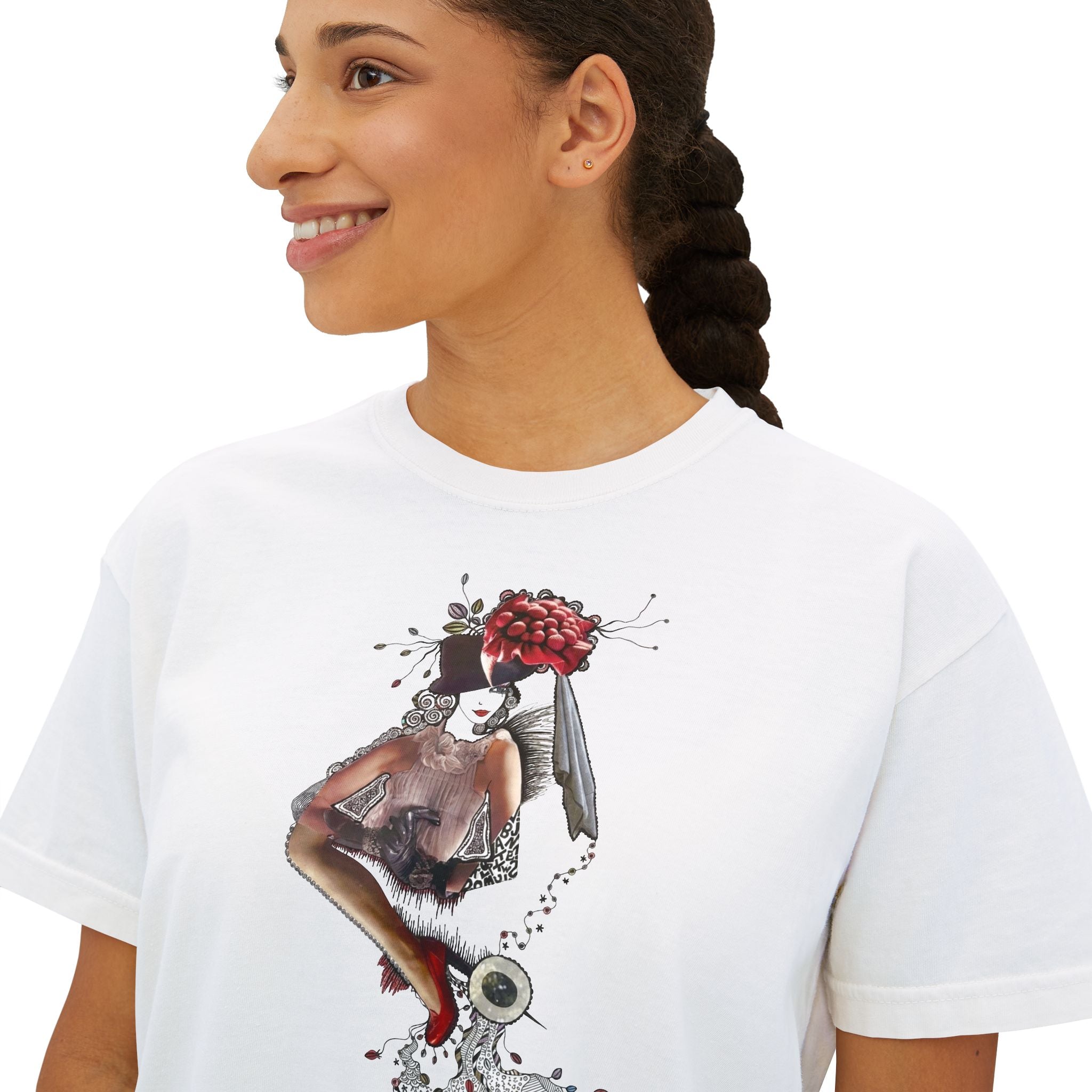 Surreal Floral-Head Figure Boxy Tee | Collage Art, Abstract Portrait
