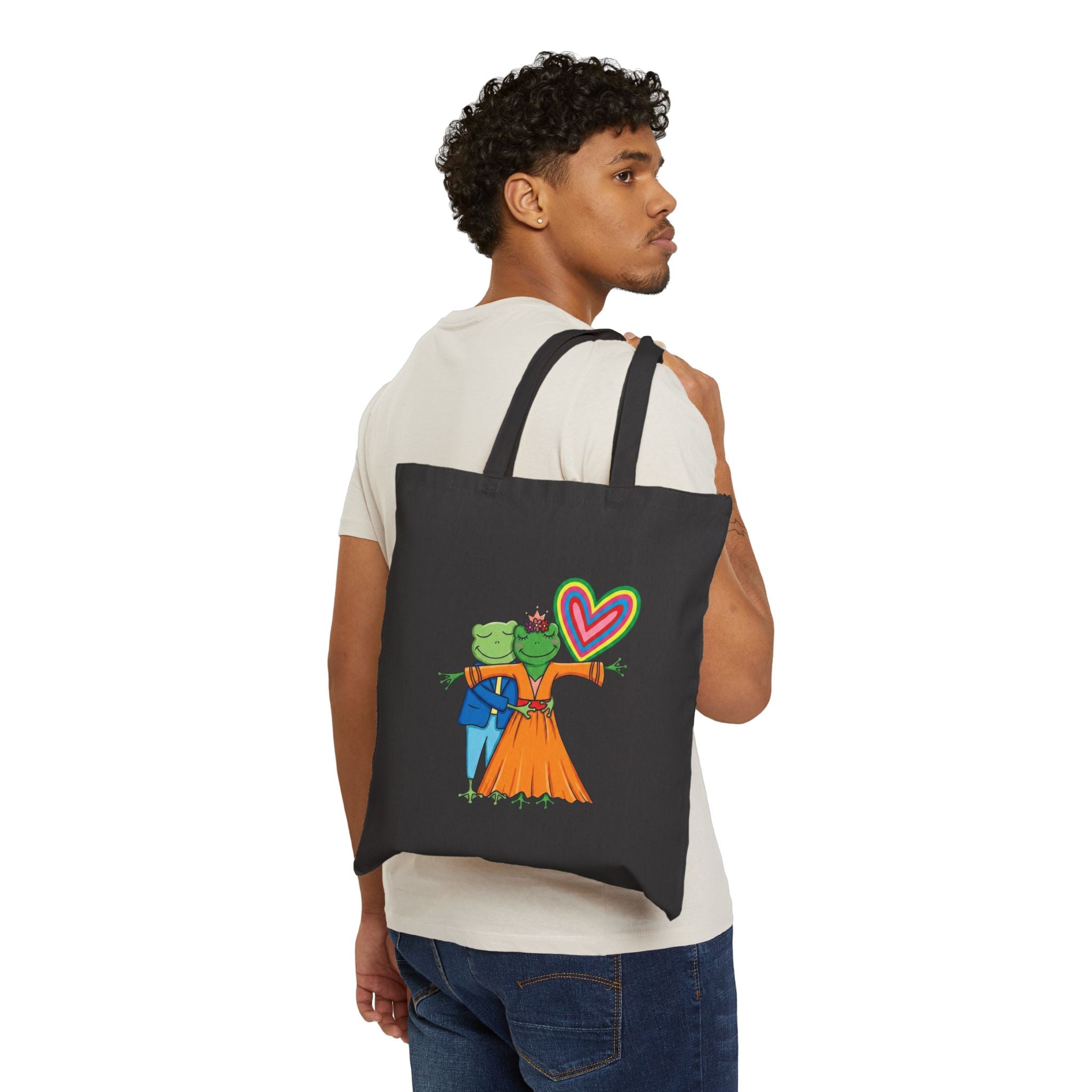 Canvas Tote Bag — Cute Frog Couple with Rainbow Heart Illustration