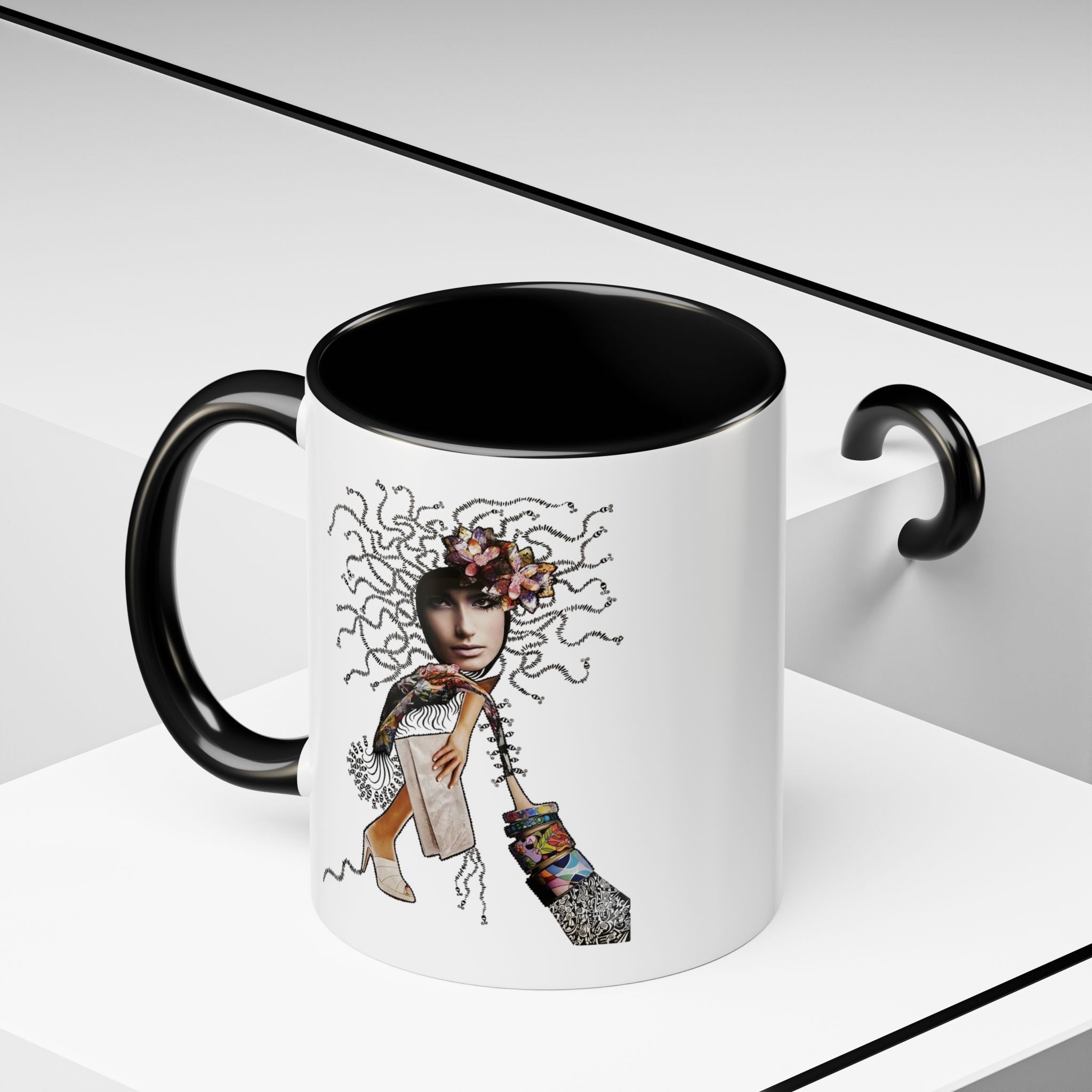 Medusa Face Collage Accent Coffee Mug | Surreal Hair Tendrils, Fashion Elements