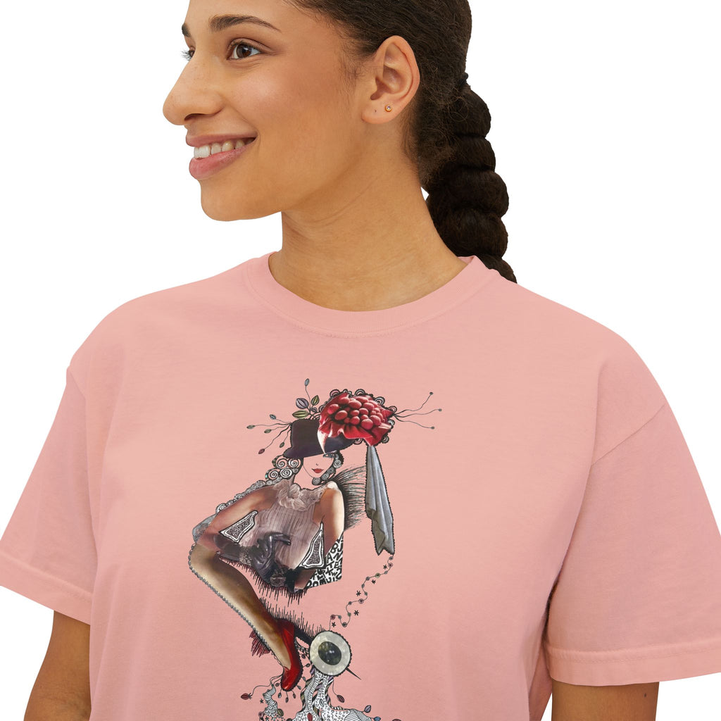 Surreal Floral-Head Figure Boxy Tee | Collage Art, Abstract Portrait