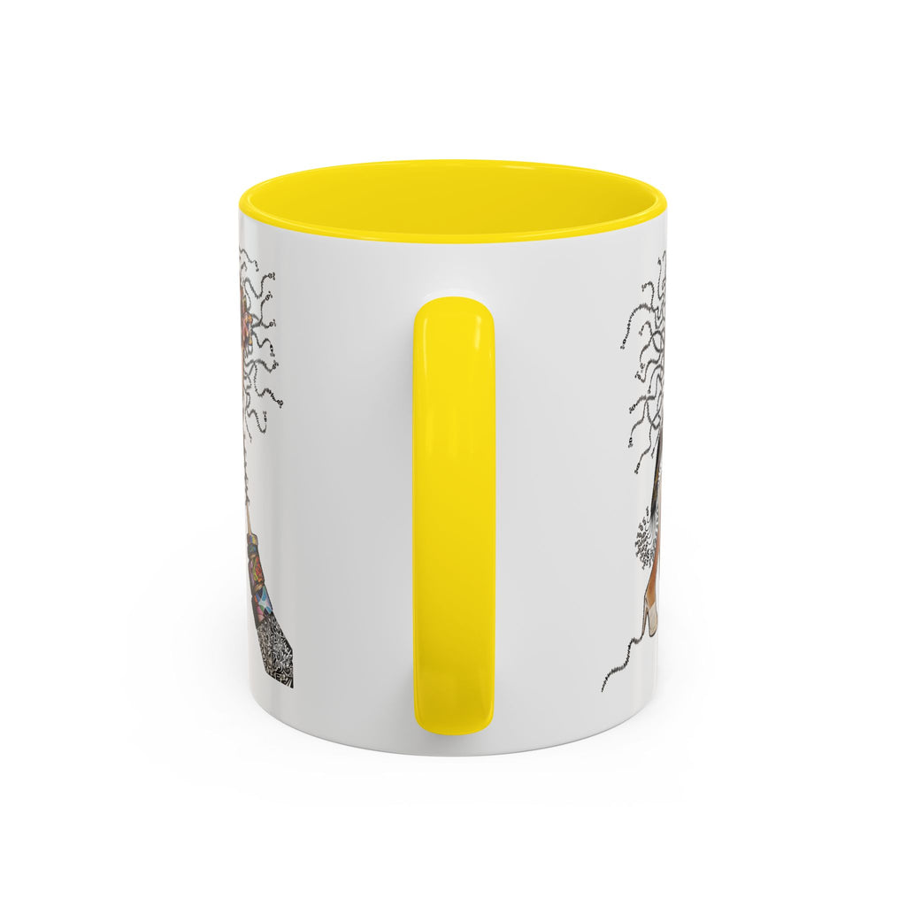 Medusa Face Collage Accent Coffee Mug | Surreal Hair Tendrils, Fashion Elements