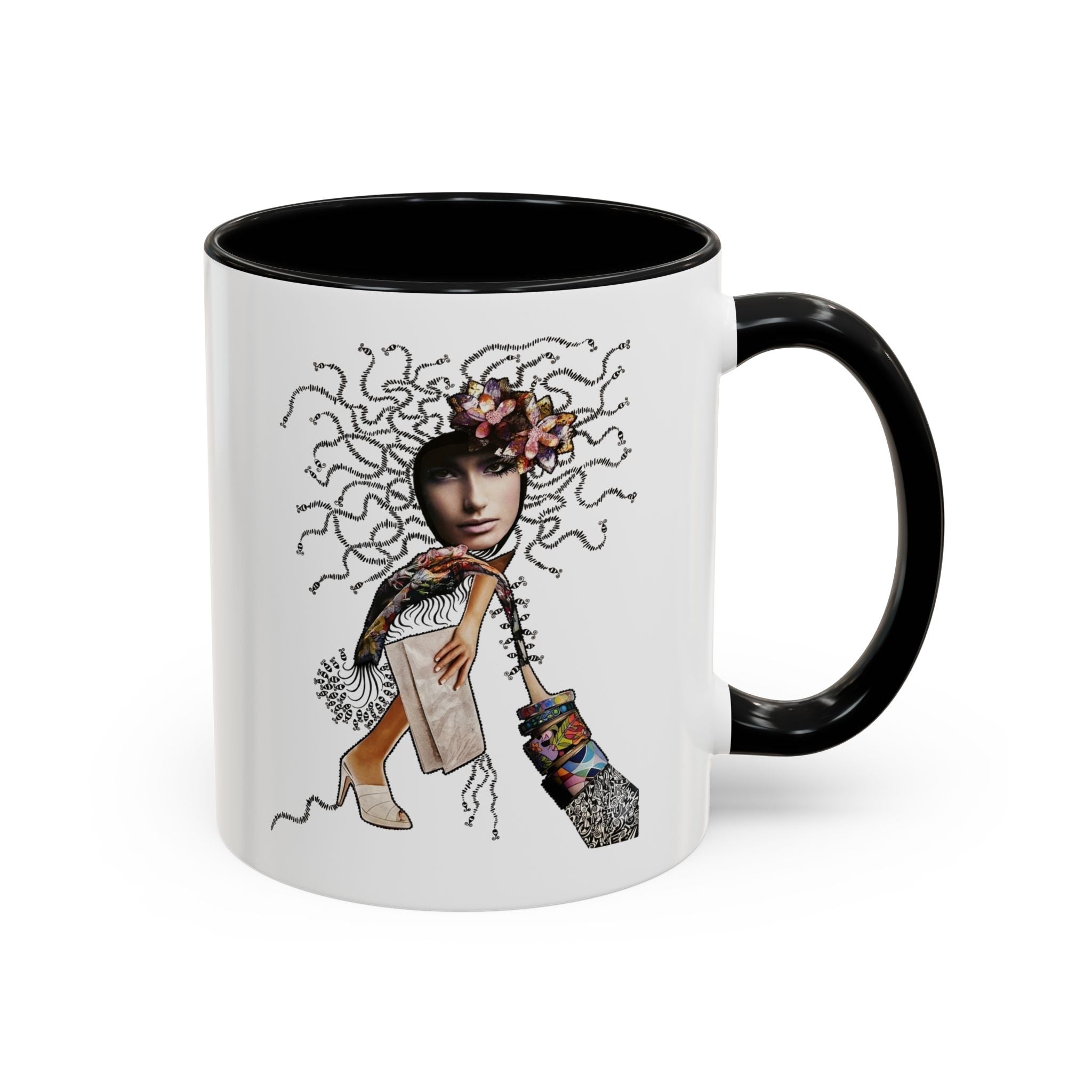 Medusa Face Collage Accent Coffee Mug | Surreal Hair Tendrils, Fashion Elements