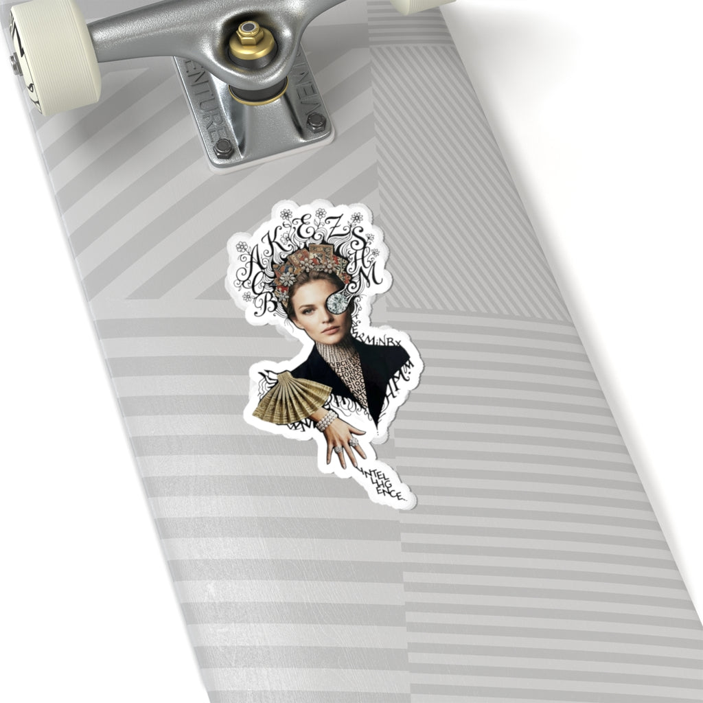 Art Nouveau Portrait Kiss-Cut Sticker — Vintage Hand Fan & Monogram Design