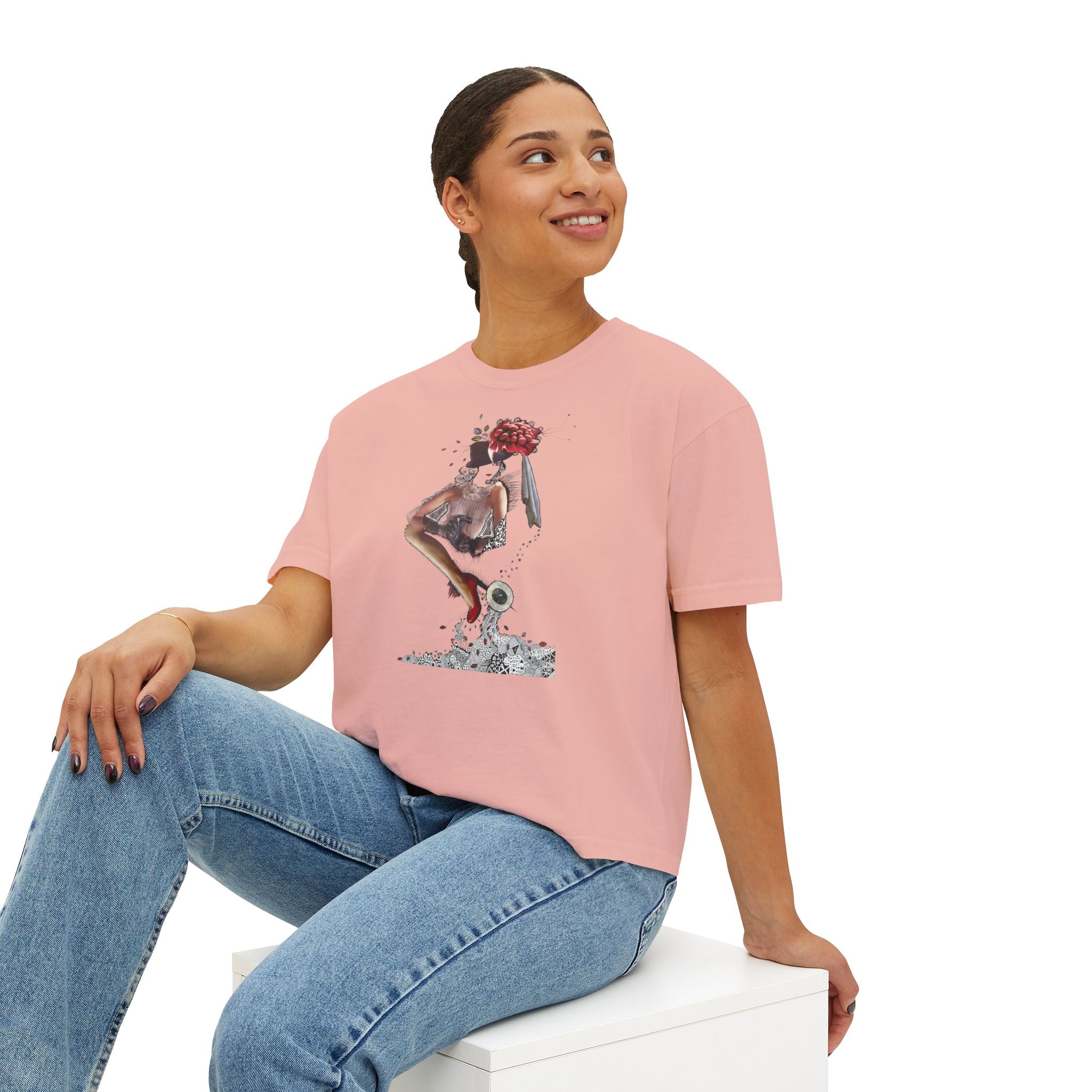 Surreal Floral-Head Figure Boxy Tee | Collage Art, Abstract Portrait