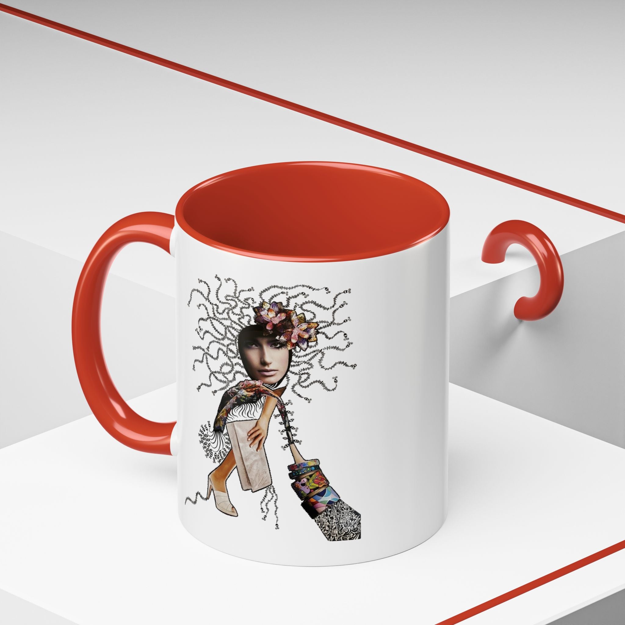 Medusa Face Collage Accent Coffee Mug | Surreal Hair Tendrils, Fashion Elements