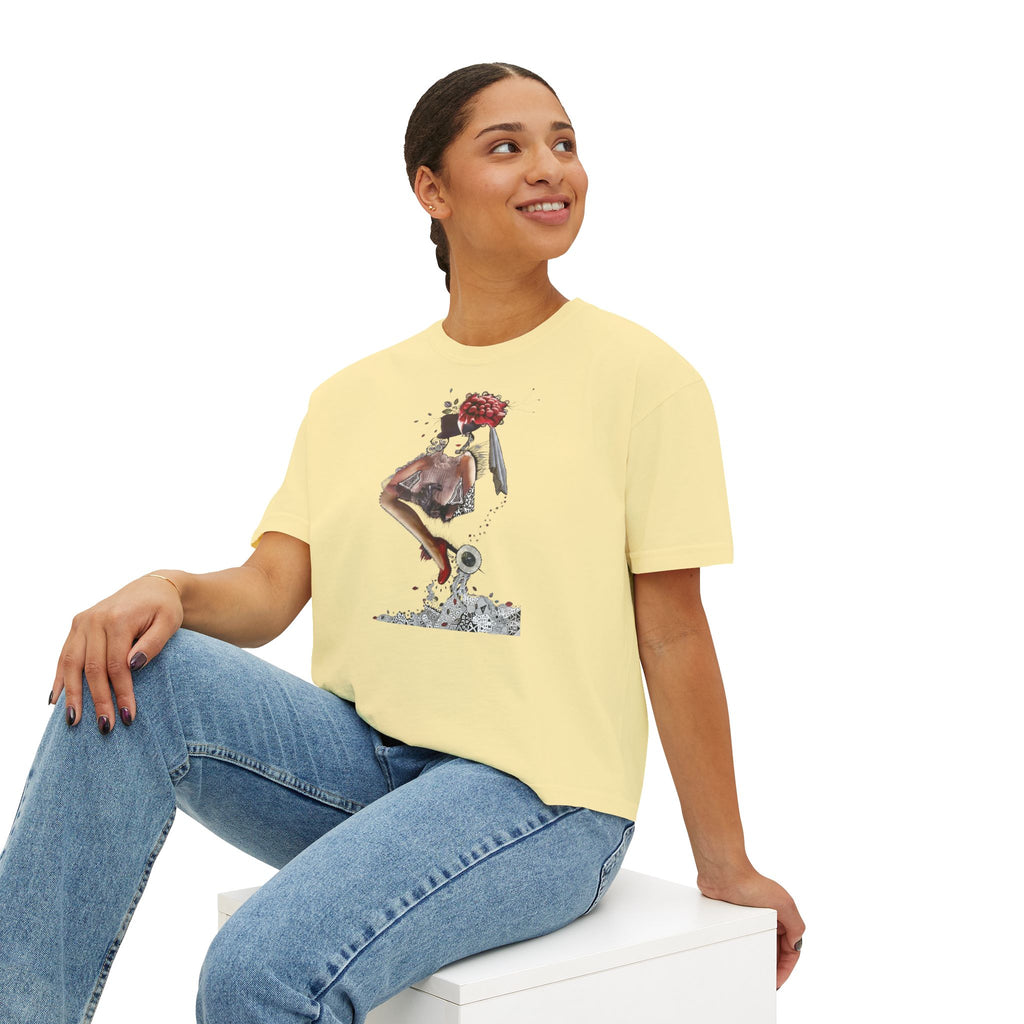 Surreal Floral-Head Figure Boxy Tee | Collage Art, Abstract Portrait