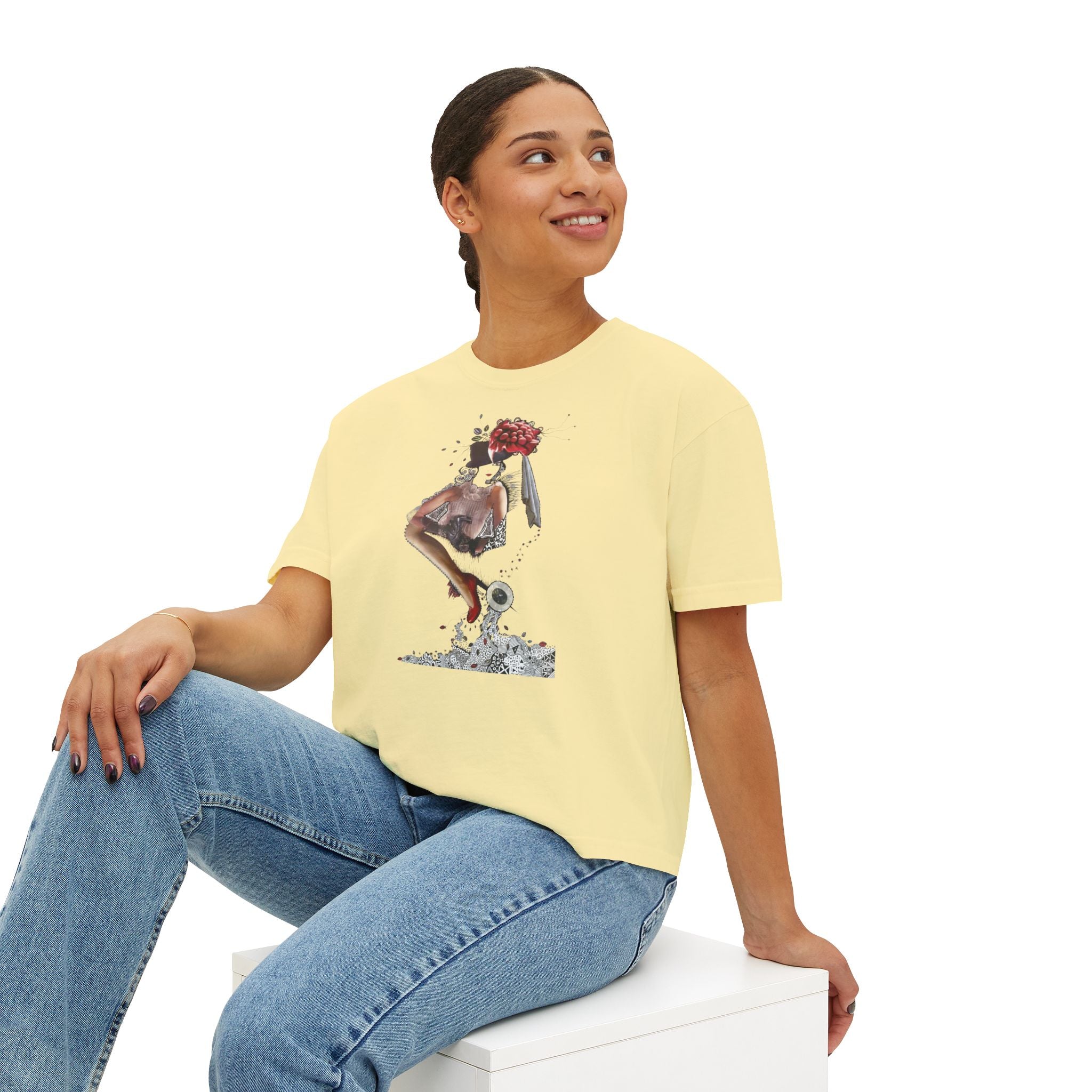 Surreal Floral-Head Figure Boxy Tee | Collage Art, Abstract Portrait