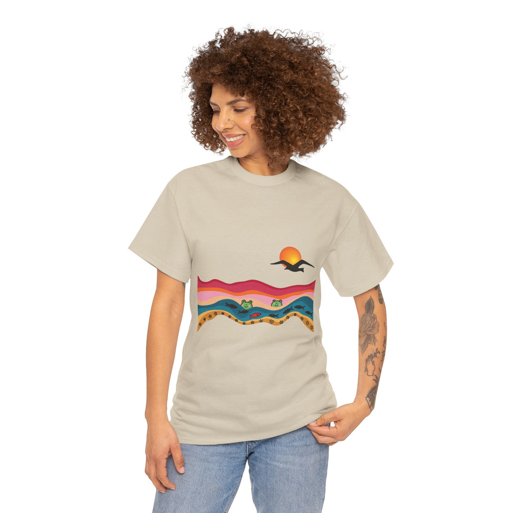 Sunset Desert Waves Tee | Vibrant Southwestern Landscape, Bird Silhouette