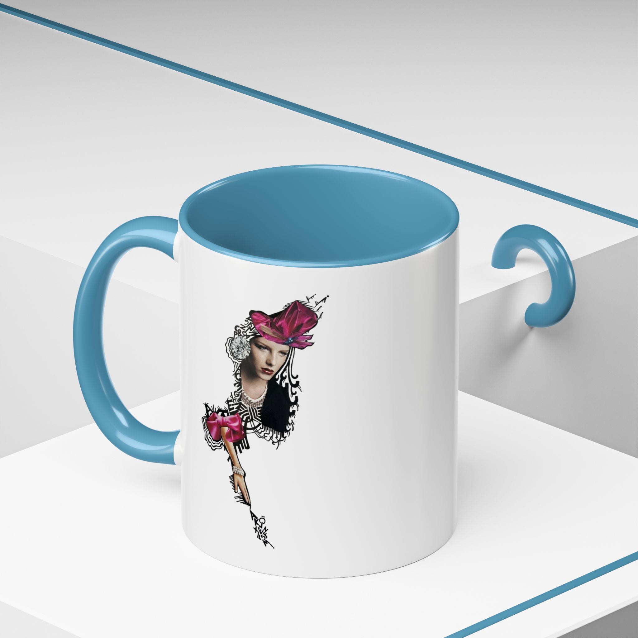 Vintage Femme Portrait Mug | Floral Headpiece, Pink Feathered Hat