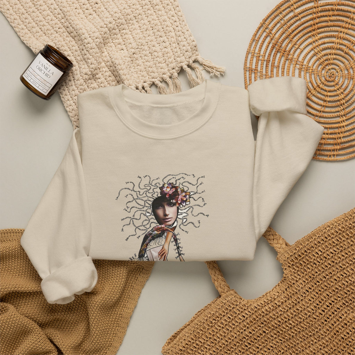 Medusa Goddess Crewneck Sweatshirt — Mythic Floral Medusa Design