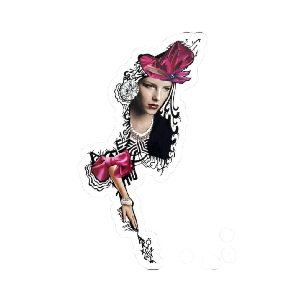 Fashion Girl Kiss-Cut Sticker — Vintage Portrait with Pink Bow Laptop Decal