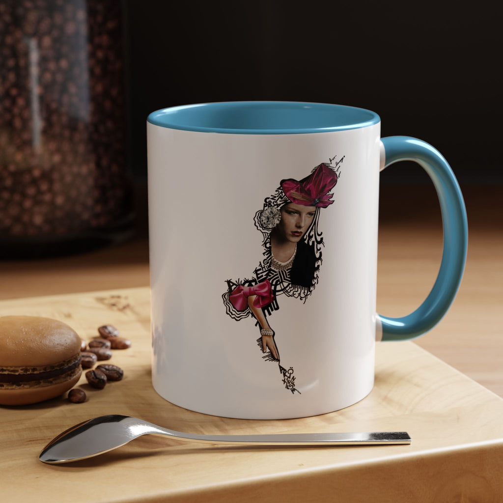 Vintage Femme Portrait Mug | Floral Headpiece, Pink Feathered Hat