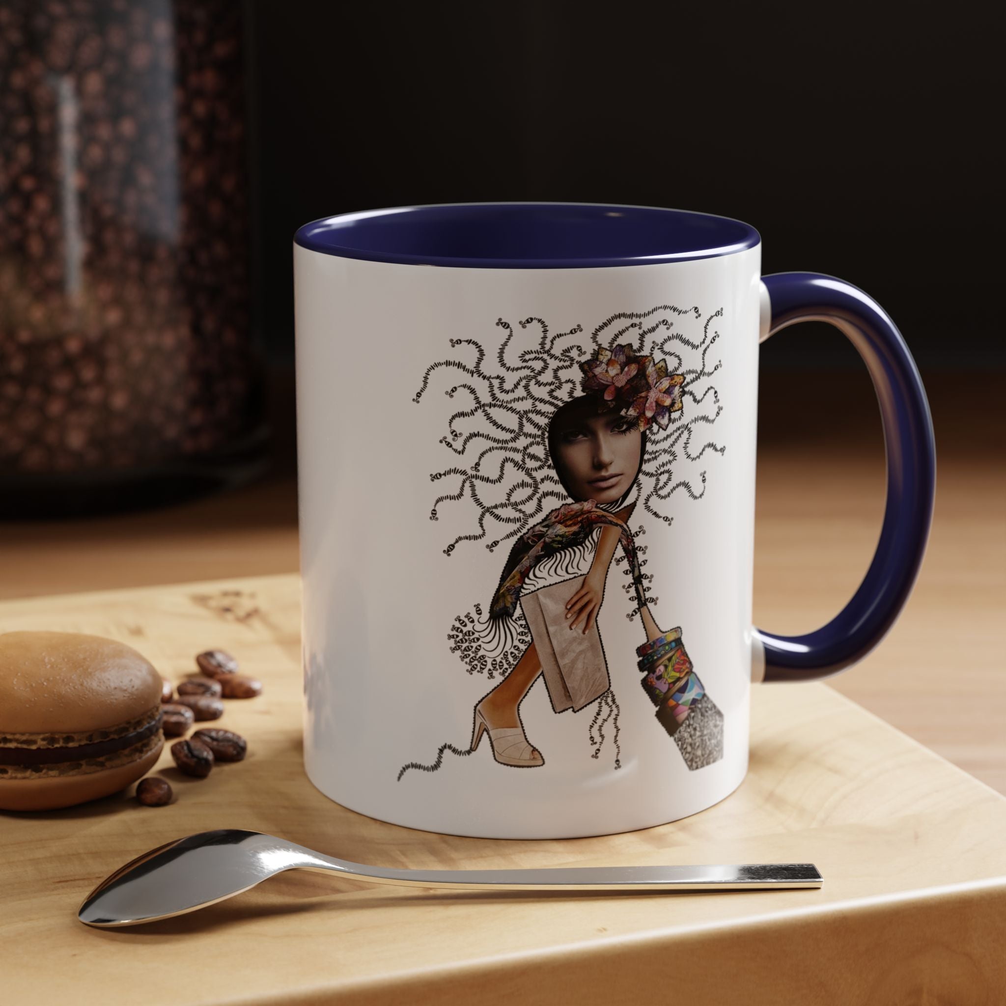 Medusa Face Collage Accent Coffee Mug | Surreal Hair Tendrils, Fashion Elements