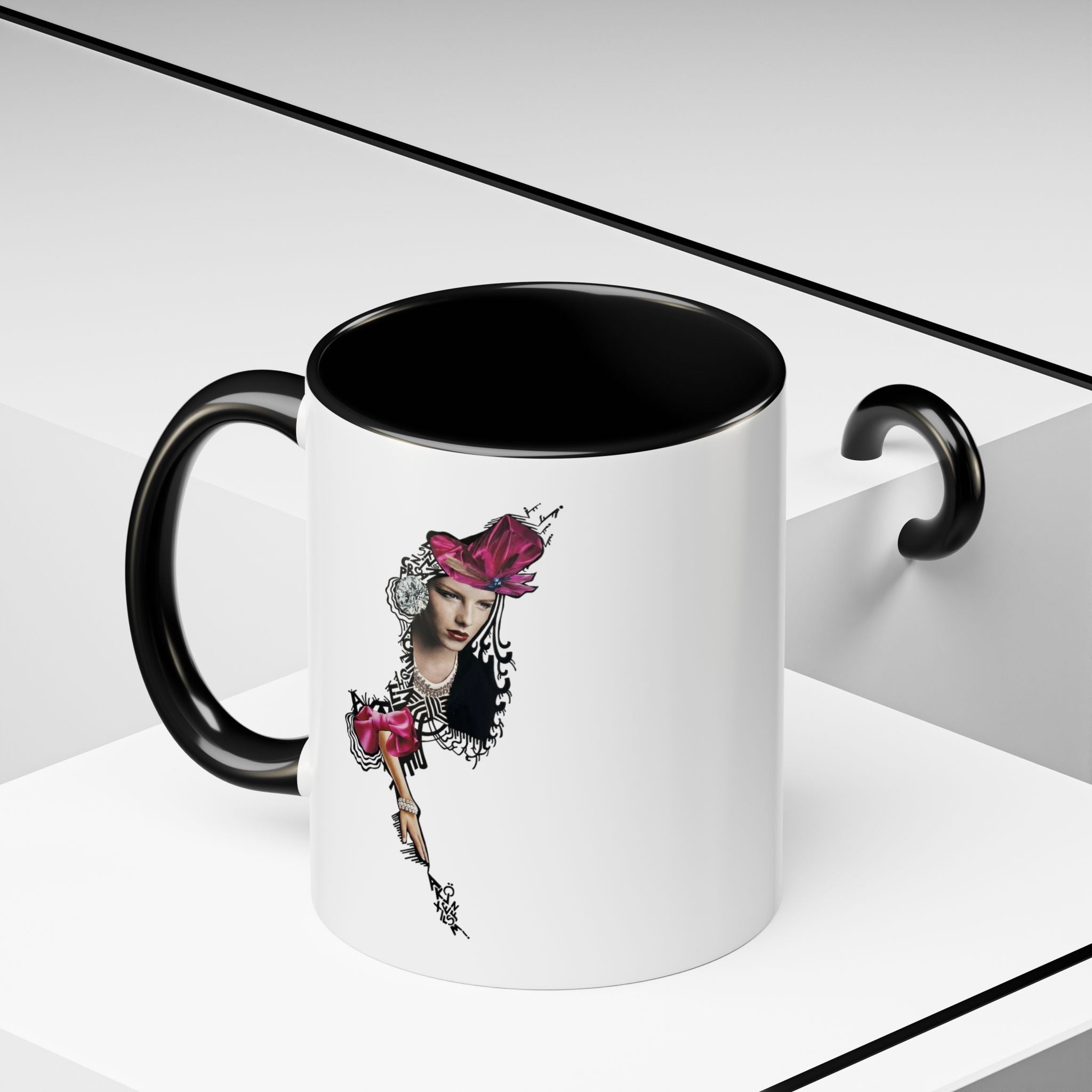 Vintage Femme Portrait Mug | Floral Headpiece, Pink Feathered Hat