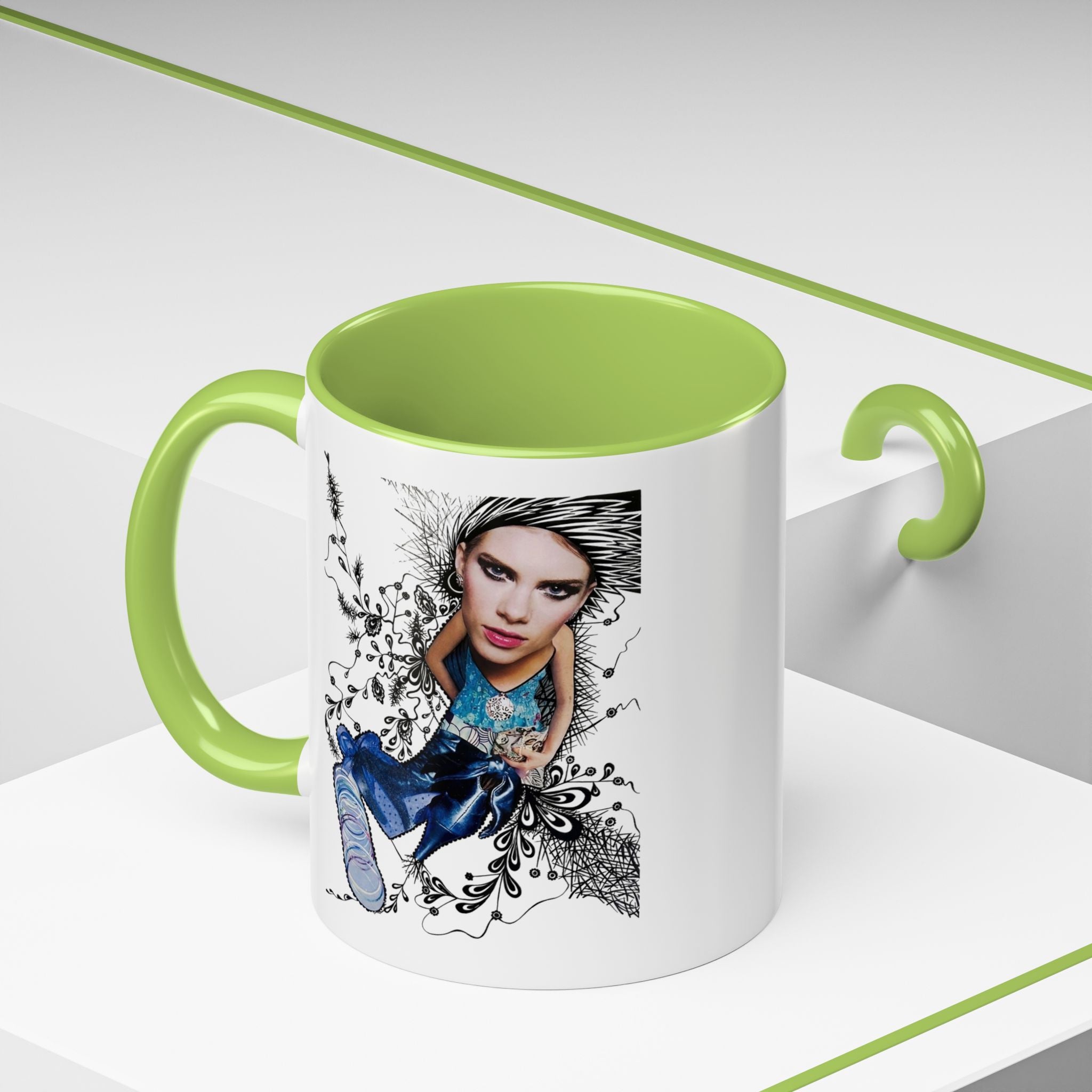 Fashion Illustration Girl Mug | Accent Coffee Mug, Black Handle