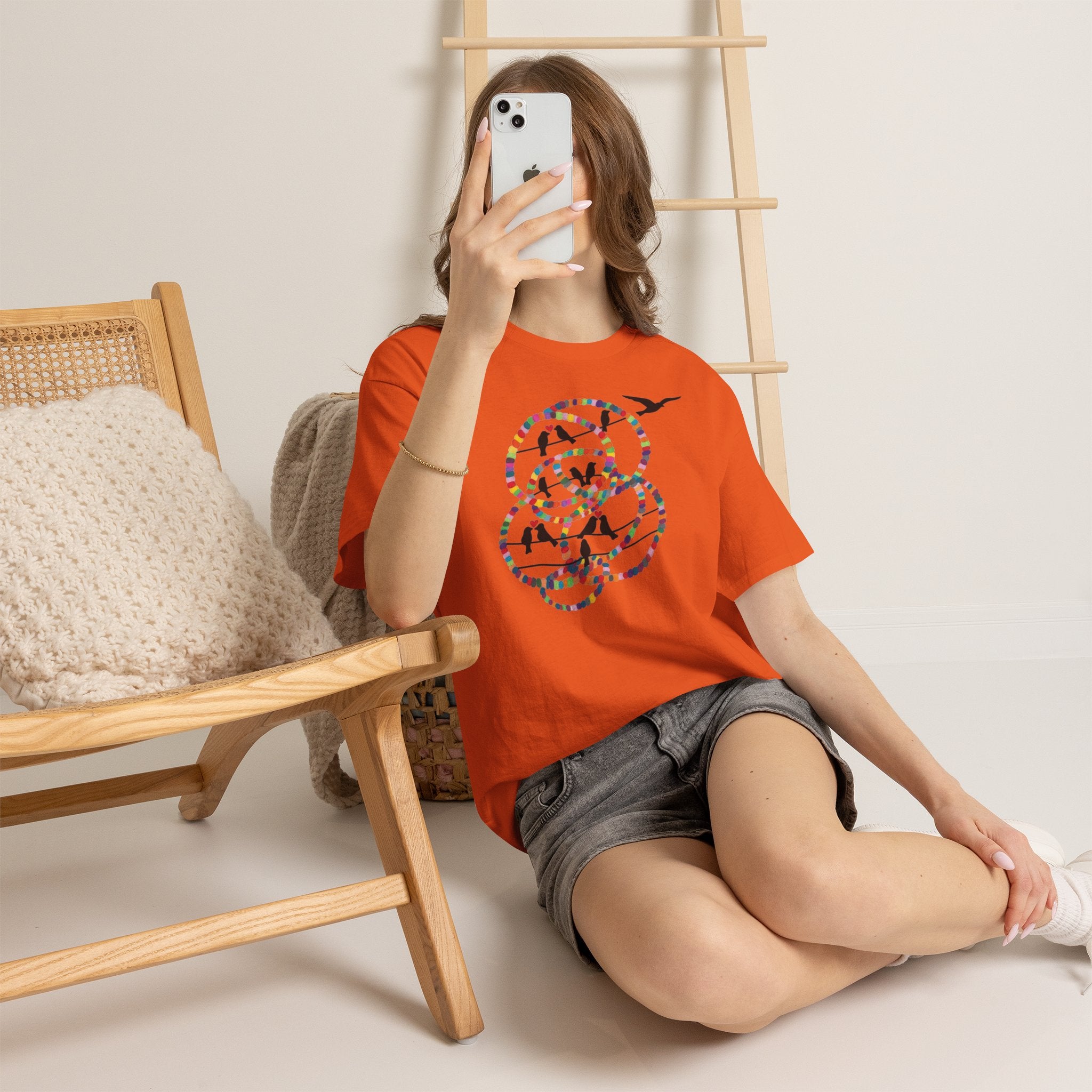 Colorful Tape Swirl with Flying Birds T-Shirt | Abstract Graphic Tee
