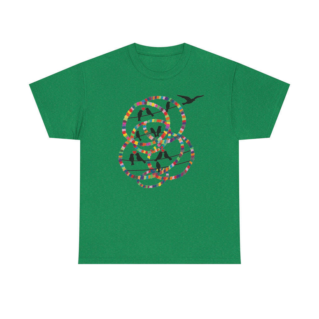 Colorful Tape Swirl with Flying Birds T-Shirt | Abstract Graphic Tee