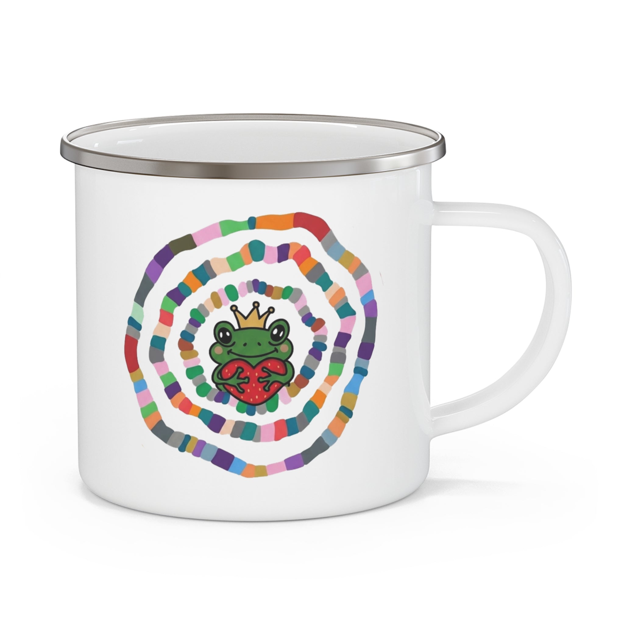 Rainbow Spiral Frog with Crown Enamel Camping Mug | Cute Frog Heart Design