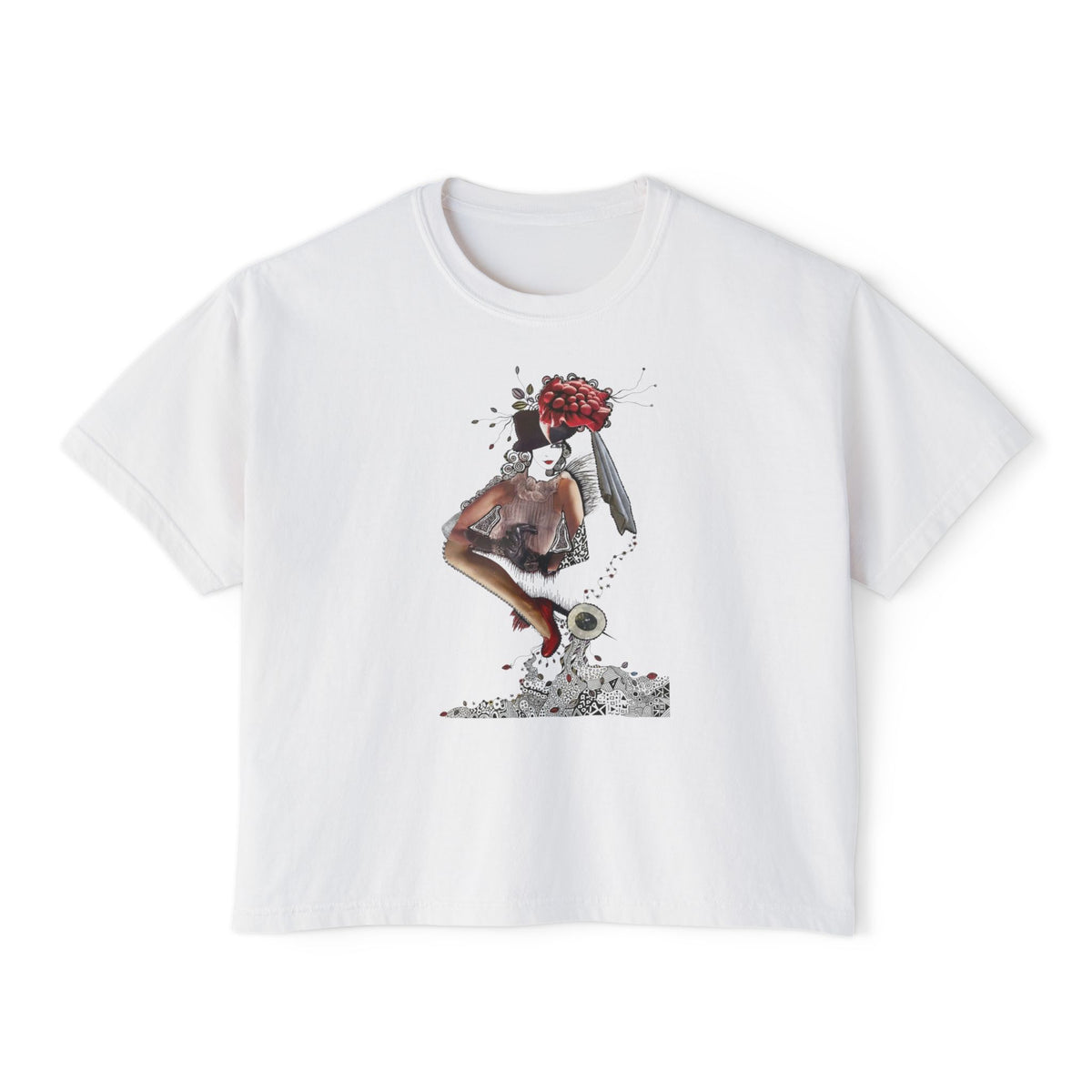 Surreal Floral-Head Figure Boxy Tee | Collage Art, Abstract Portrait