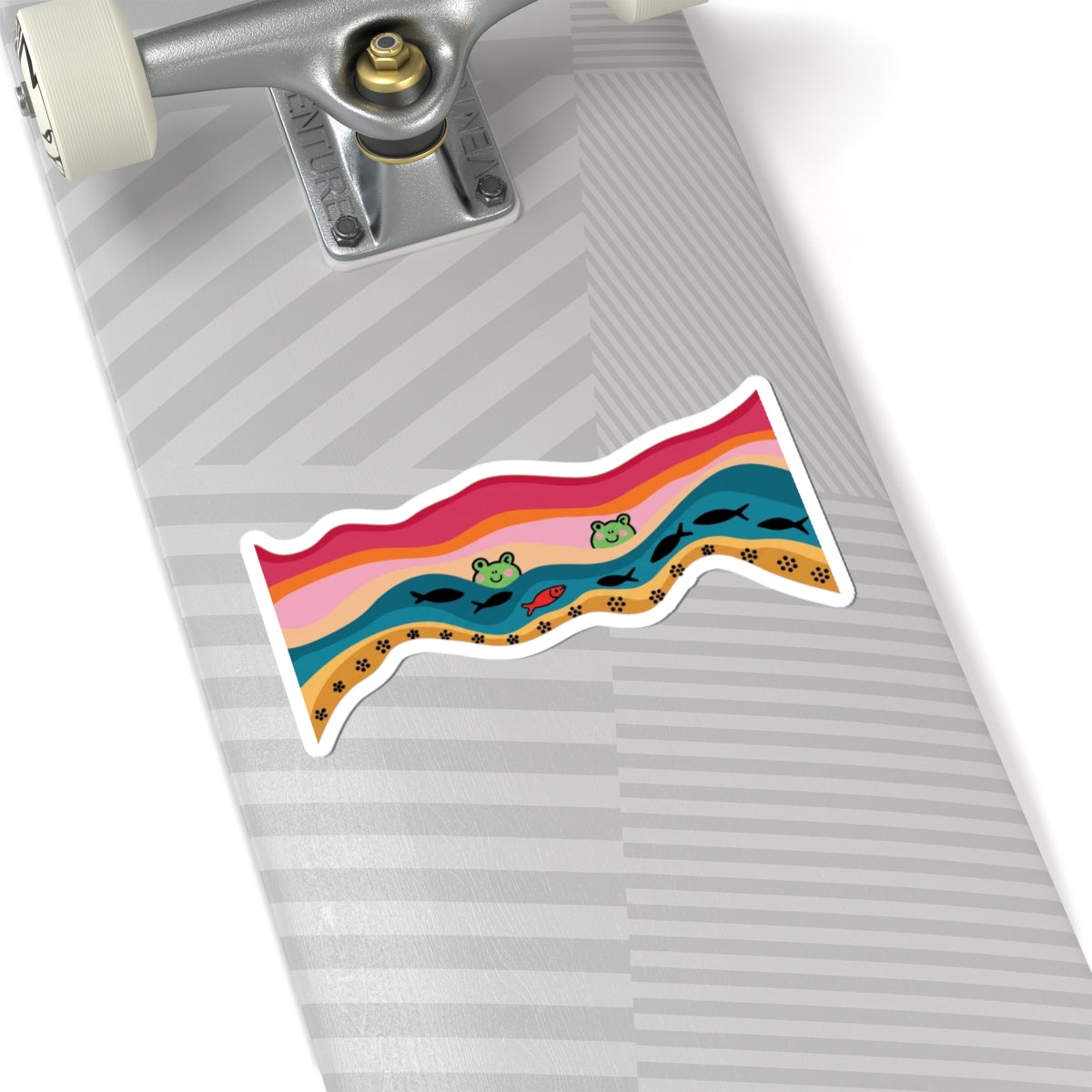 Wavy Frog Pond Kiss-Cut Sticker — Cute Retro Rainbow Frog & Fish Decal