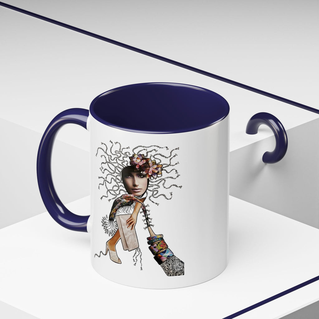 Medusa Face Collage Accent Coffee Mug | Surreal Hair Tendrils, Fashion Elements