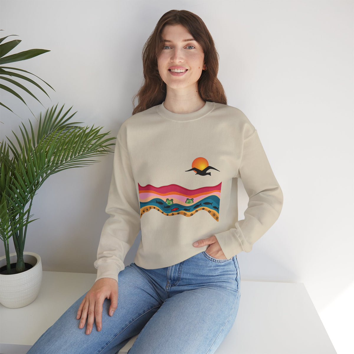Desert Sunset Landscape Sweatshirt | Sunset Dunes with Road and Bird