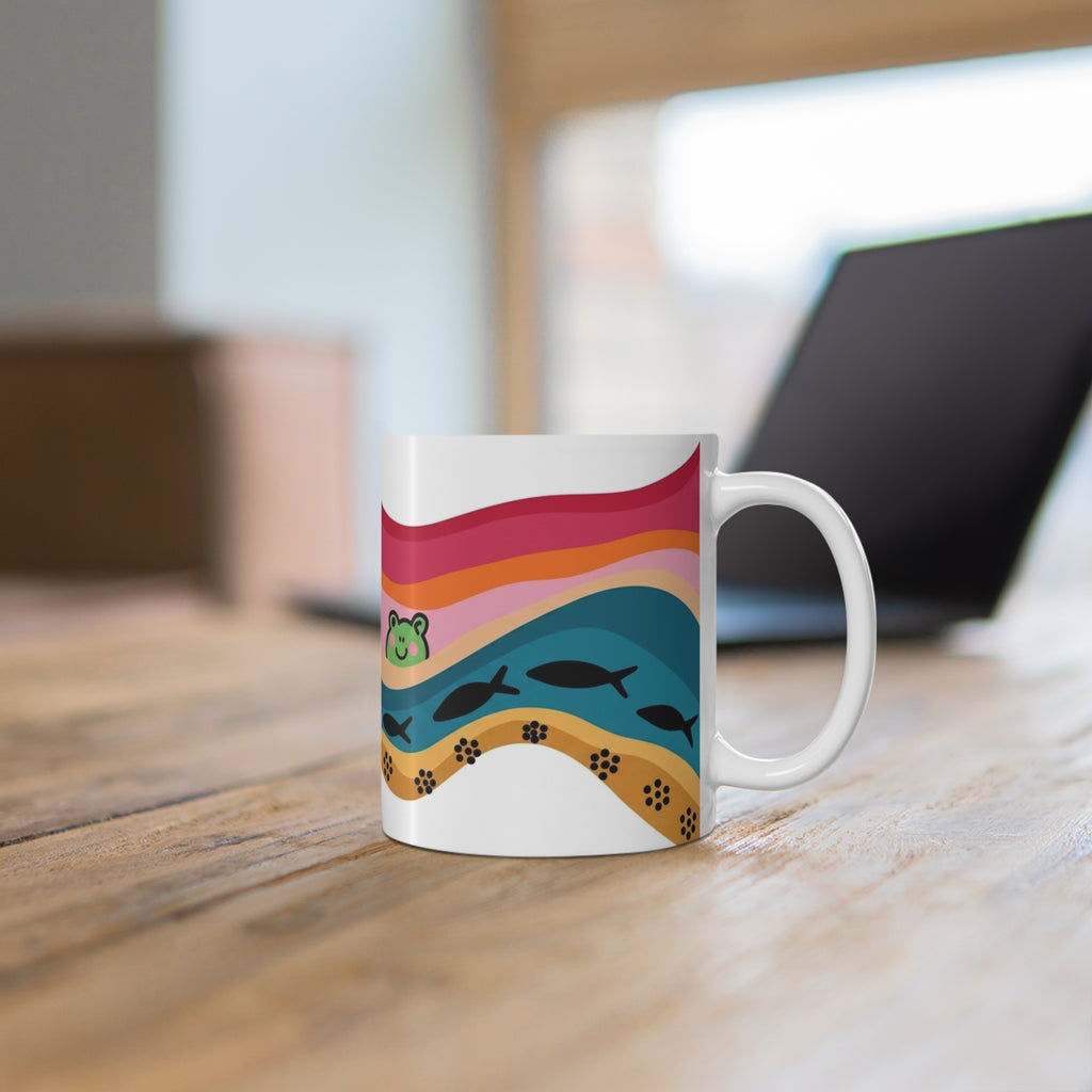 Playful Frog Pond Mug | Colorful Waves, Fish and Paw Print Border