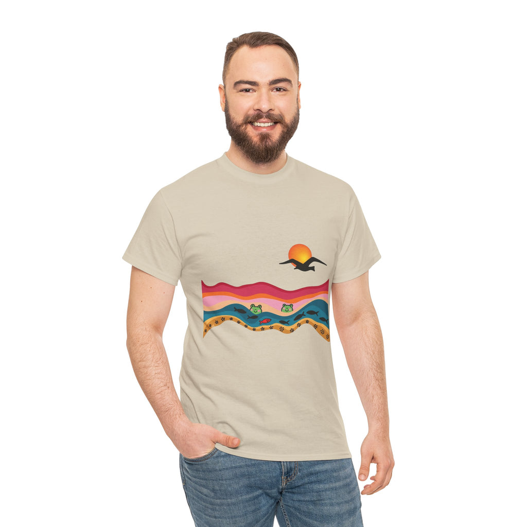 Sunset Desert Waves Tee | Vibrant Southwestern Landscape, Bird Silhouette