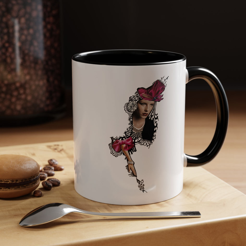 Vintage Femme Portrait Mug | Floral Headpiece, Pink Feathered Hat