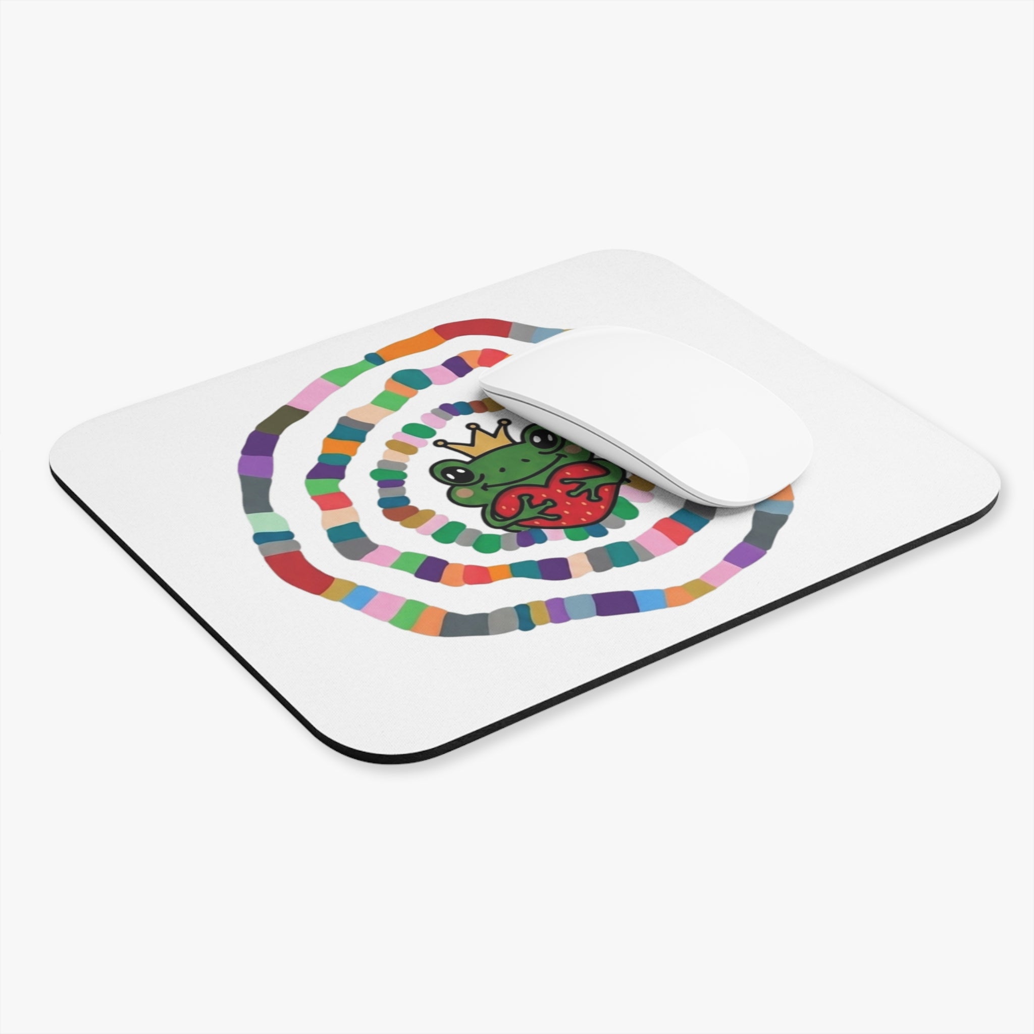 Crowned Frog Holding Heart Mouse Pad | Colorful Spiral Rectangle