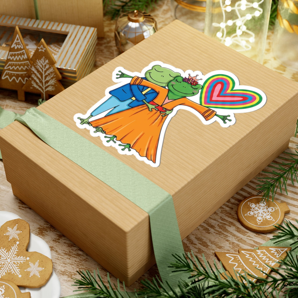 Frog Couple Dance Kiss-Cut Sticker — Colorful LGBTQ+ Pride Heart Decal