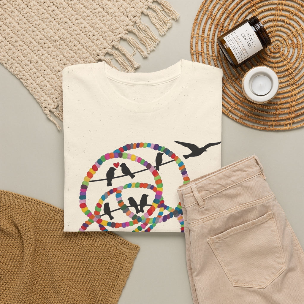 Colorful Tape Swirl with Flying Birds T-Shirt | Abstract Graphic Tee