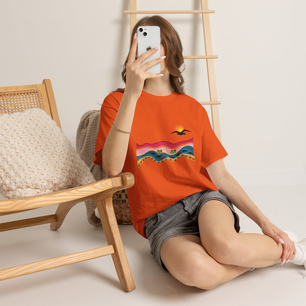 Sunset Desert Waves Tee | Vibrant Southwestern Landscape, Bird Silhouette