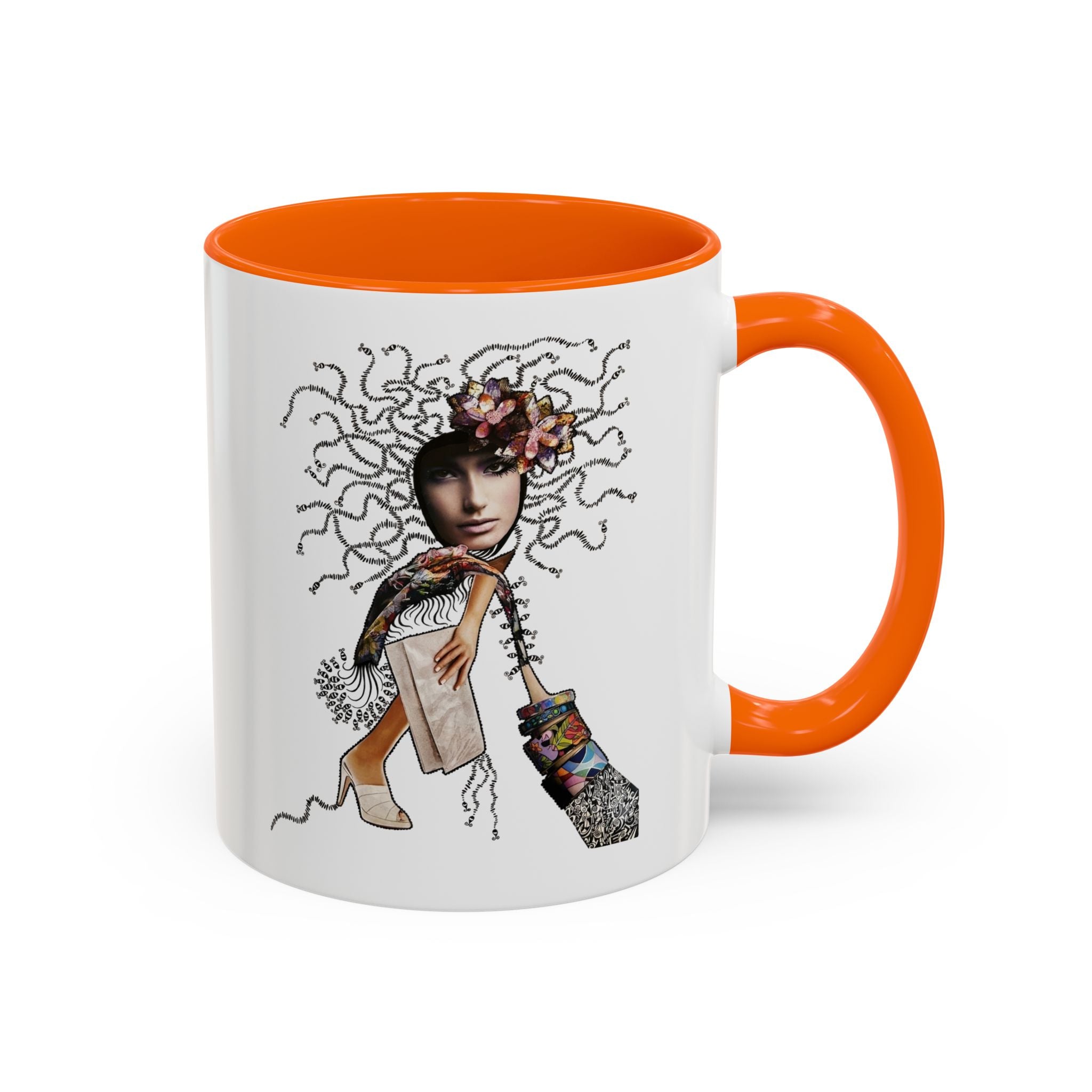 Medusa Face Collage Accent Coffee Mug | Surreal Hair Tendrils, Fashion Elements