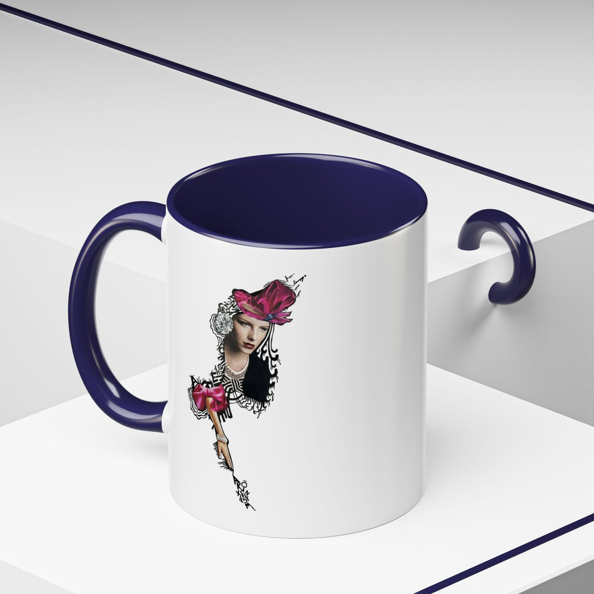 Vintage Femme Portrait Mug | Floral Headpiece, Pink Feathered Hat