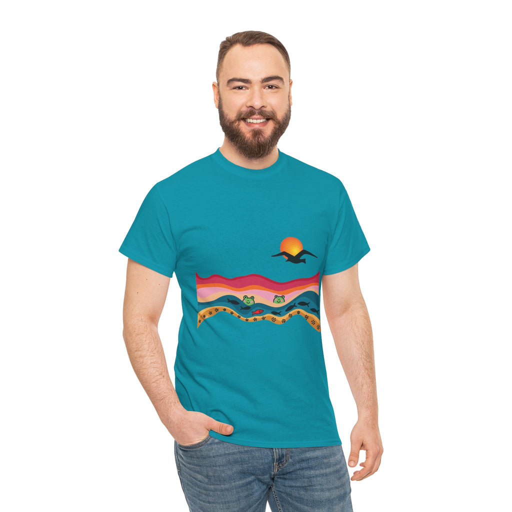 Sunset Desert Waves Tee | Vibrant Southwestern Landscape, Bird Silhouette