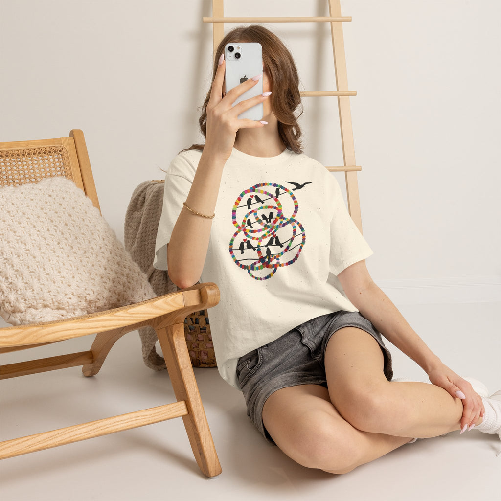 Colorful Tape Swirl with Flying Birds T-Shirt | Abstract Graphic Tee