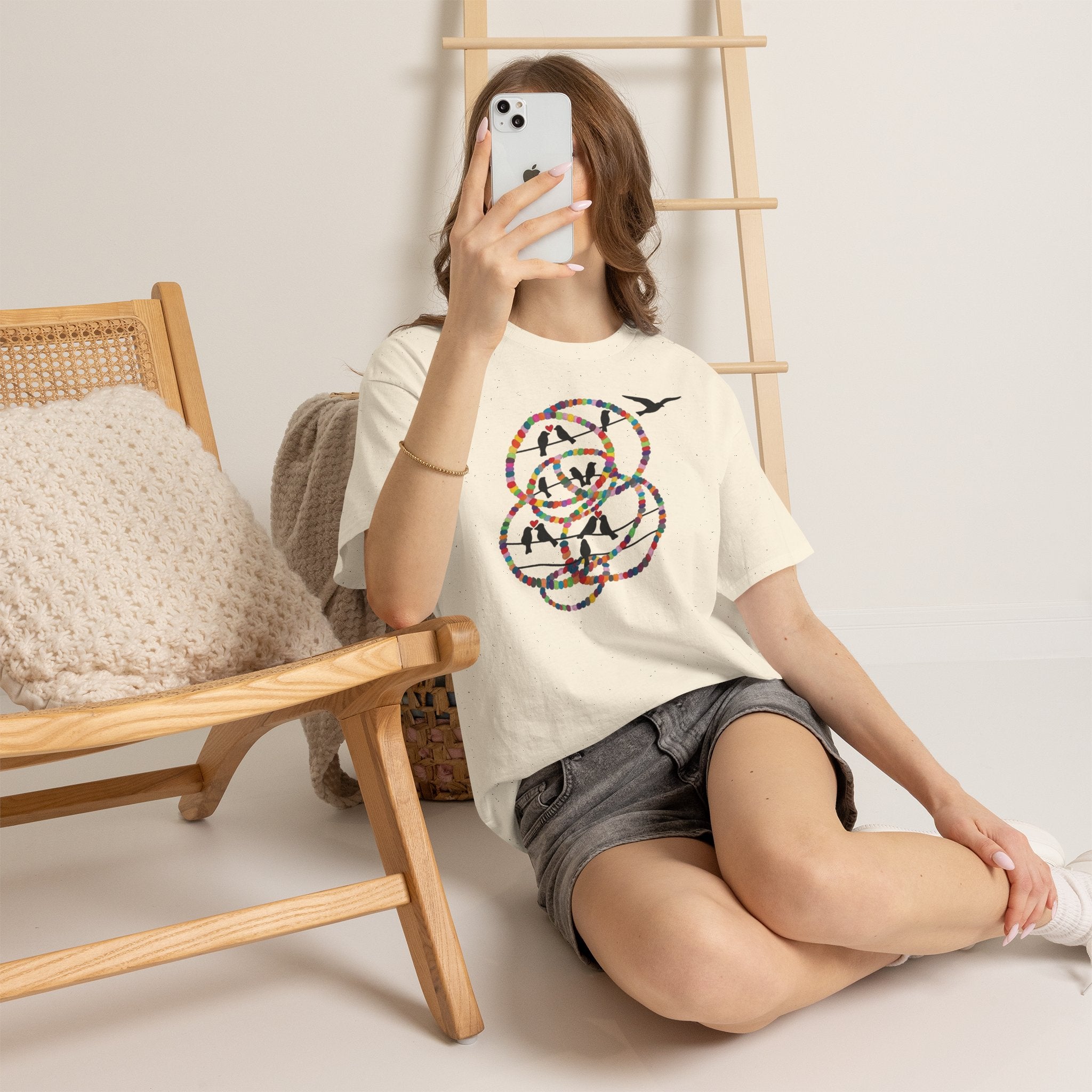 Colorful Tape Swirl with Flying Birds T-Shirt | Abstract Graphic Tee