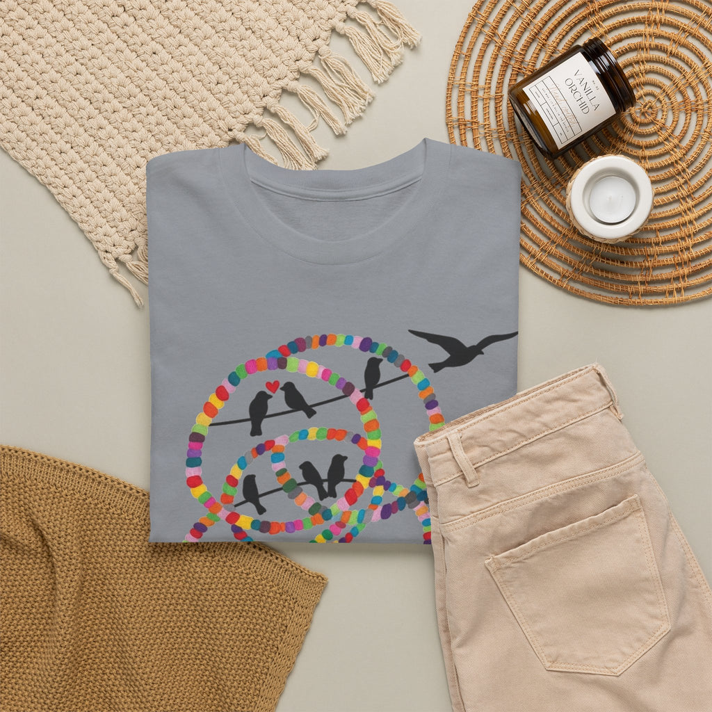 Colorful Tape Swirl with Flying Birds T-Shirt | Abstract Graphic Tee