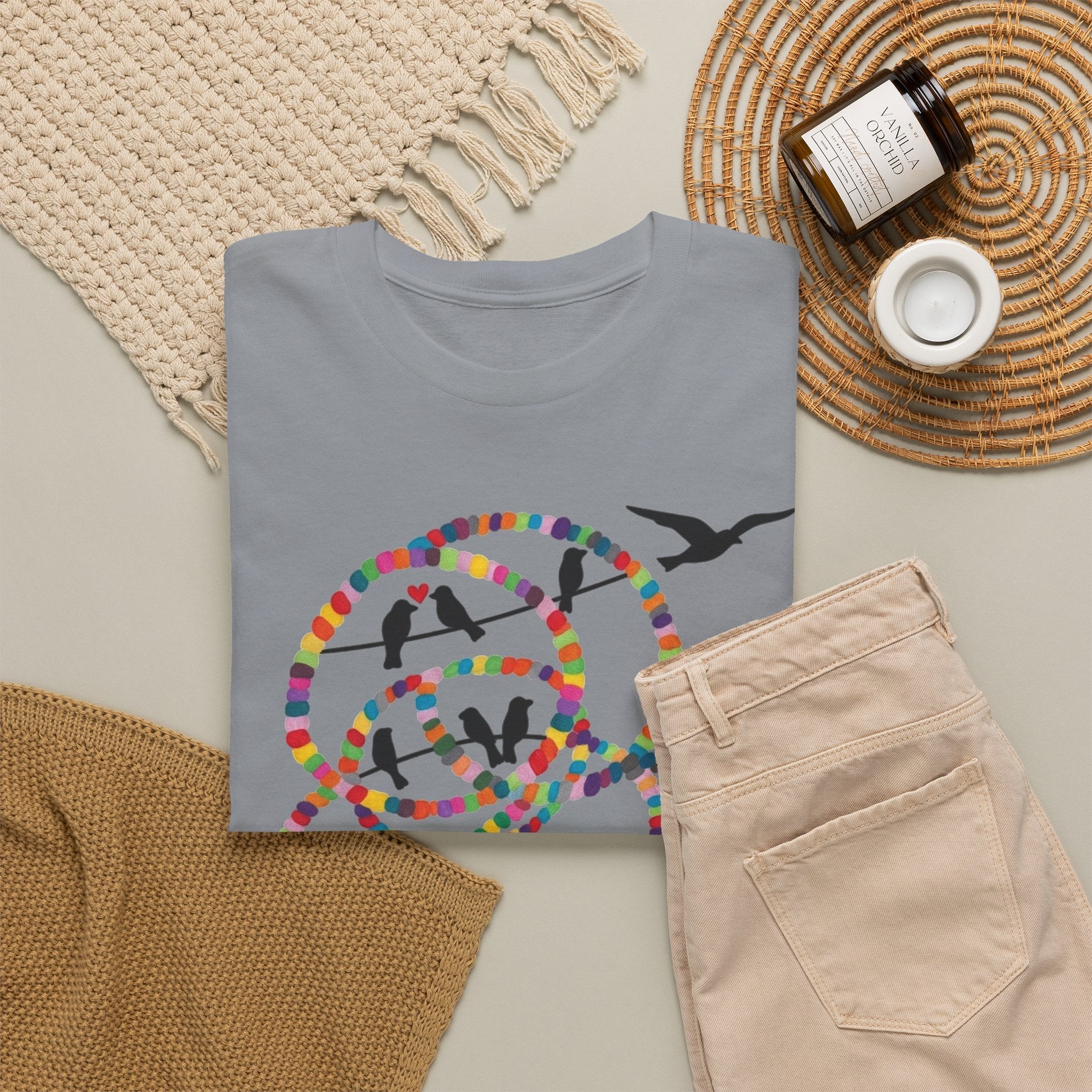 Colorful Tape Swirl with Flying Birds T-Shirt | Abstract Graphic Tee