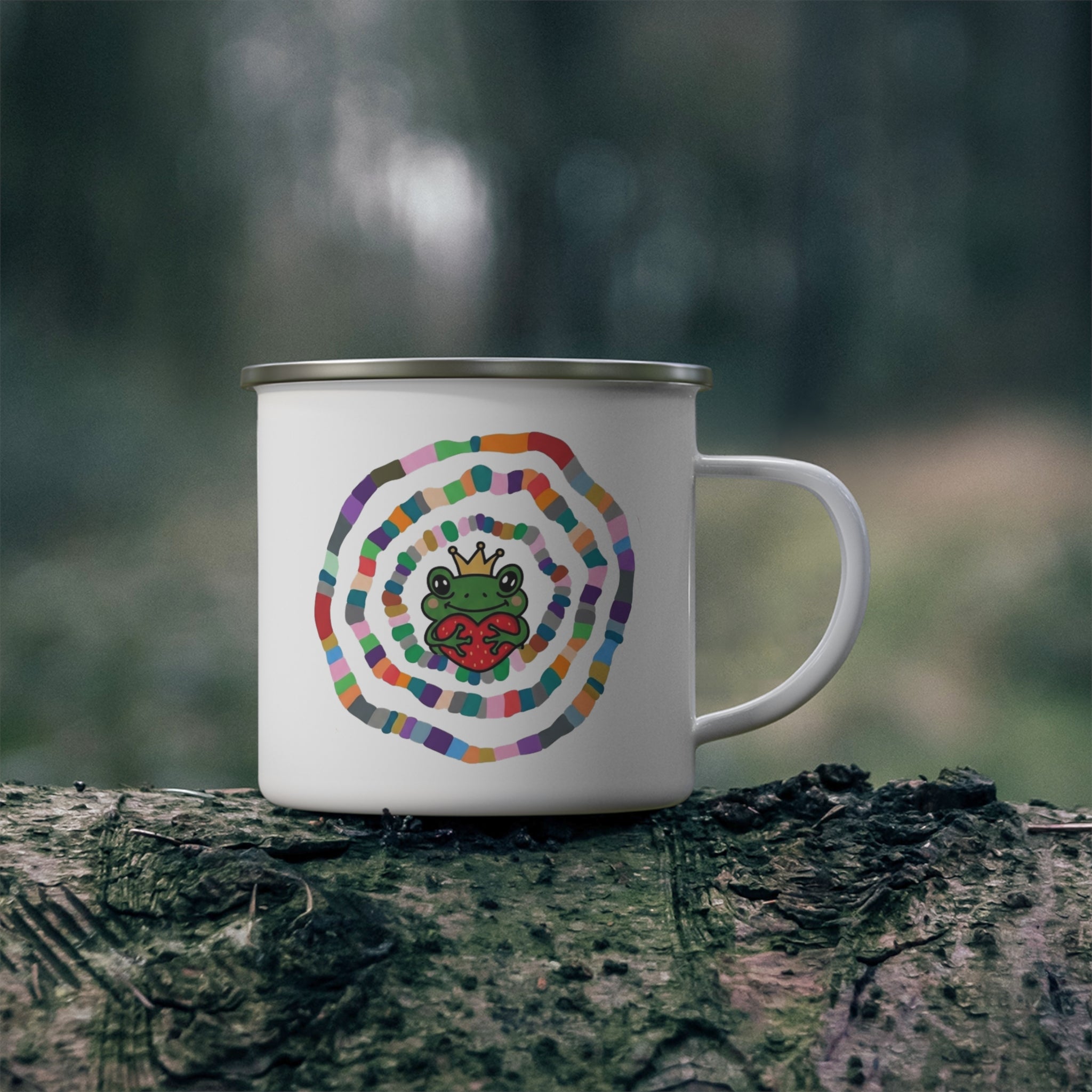 Rainbow Spiral Frog with Crown Enamel Camping Mug | Cute Frog Heart Design