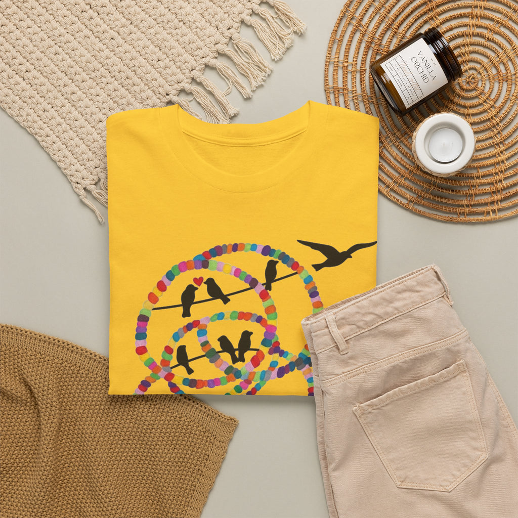 Colorful Tape Swirl with Flying Birds T-Shirt | Abstract Graphic Tee