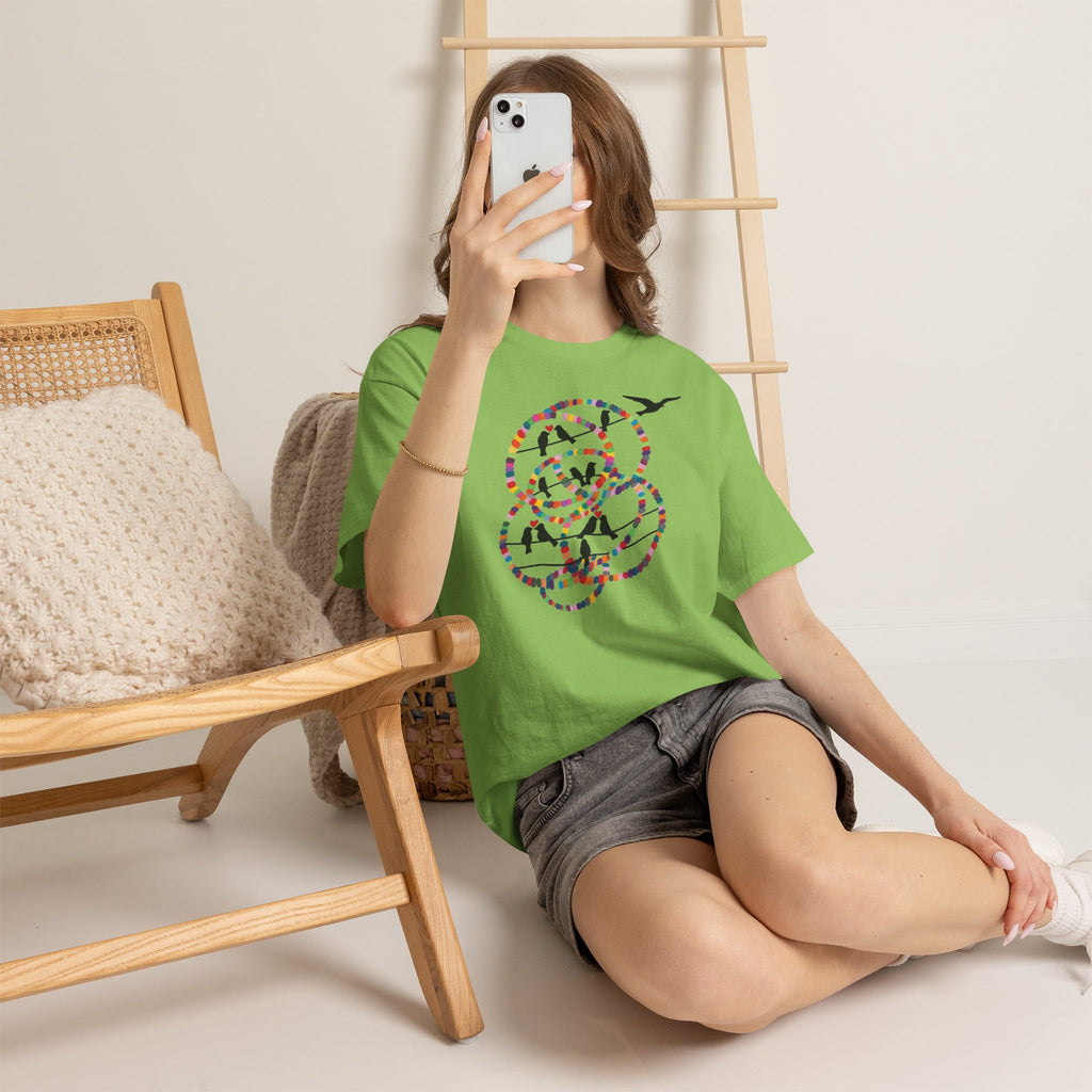 Colorful Tape Swirl with Flying Birds T-Shirt | Abstract Graphic Tee