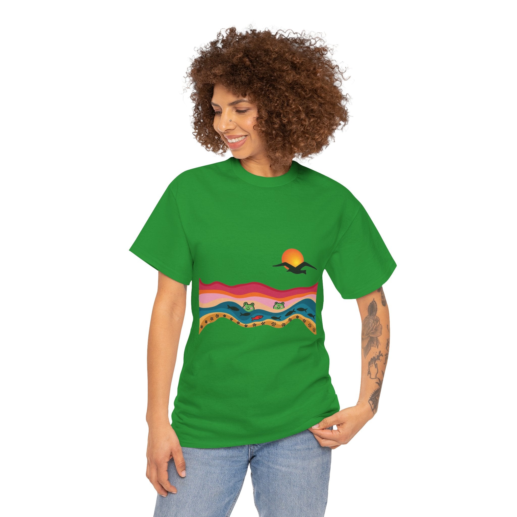 Sunset Desert Waves Tee | Vibrant Southwestern Landscape, Bird Silhouette