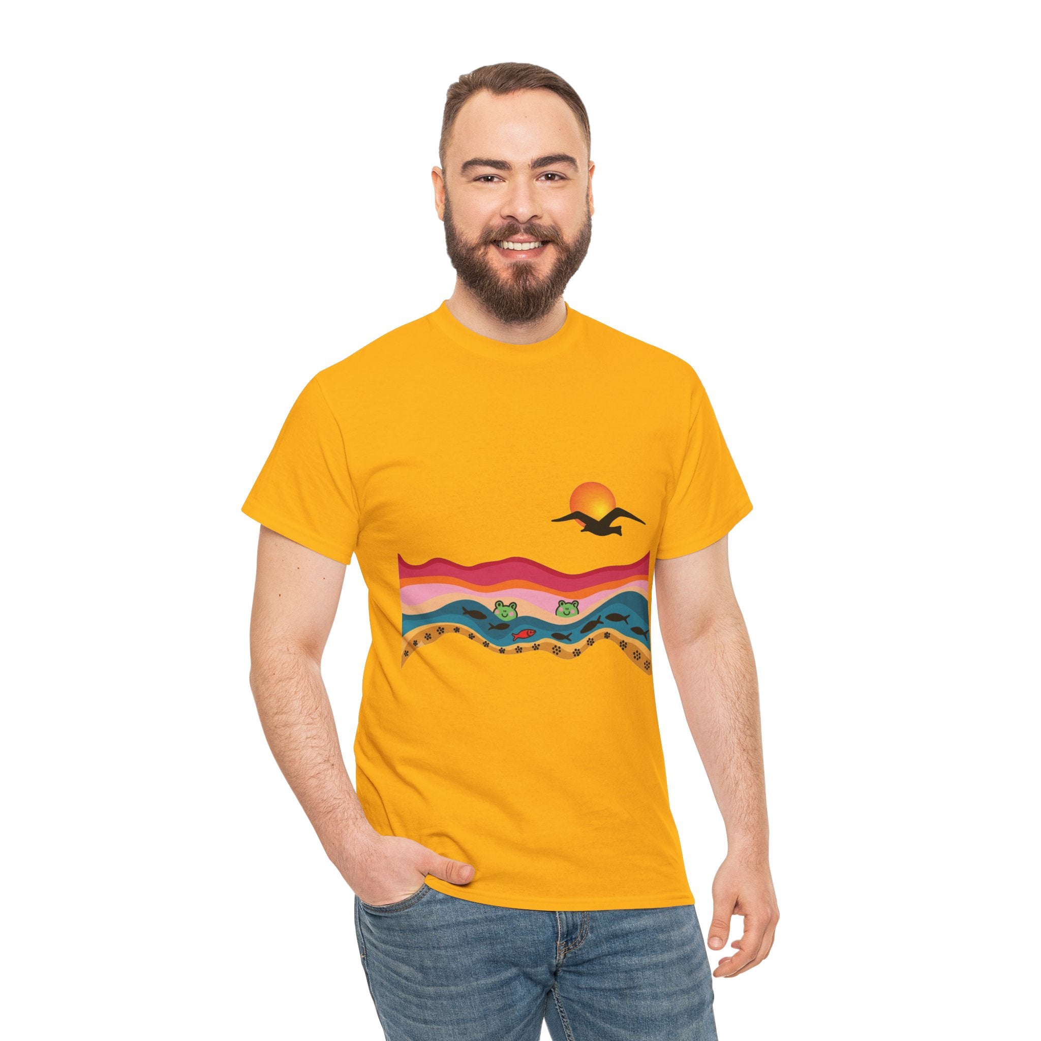Sunset Desert Waves Tee | Vibrant Southwestern Landscape, Bird Silhouette