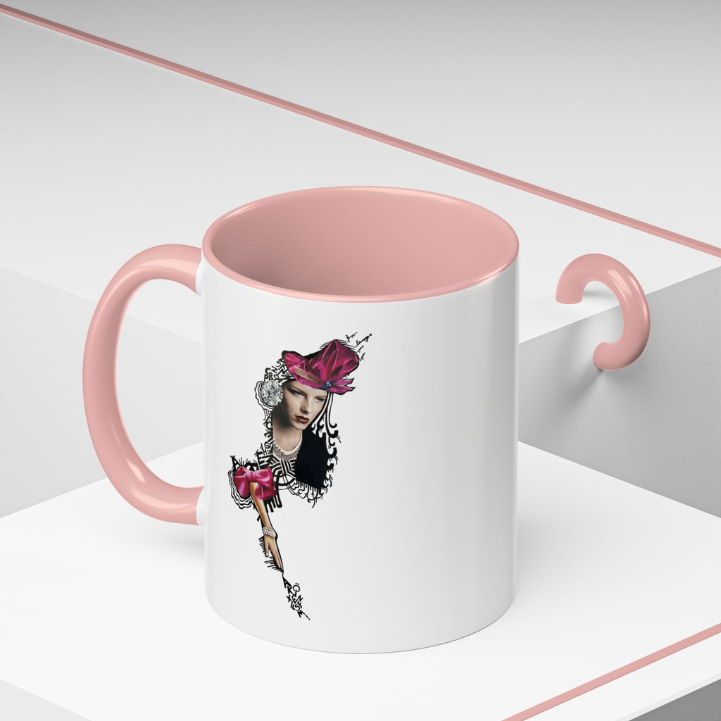 Vintage Femme Portrait Mug | Floral Headpiece, Pink Feathered Hat