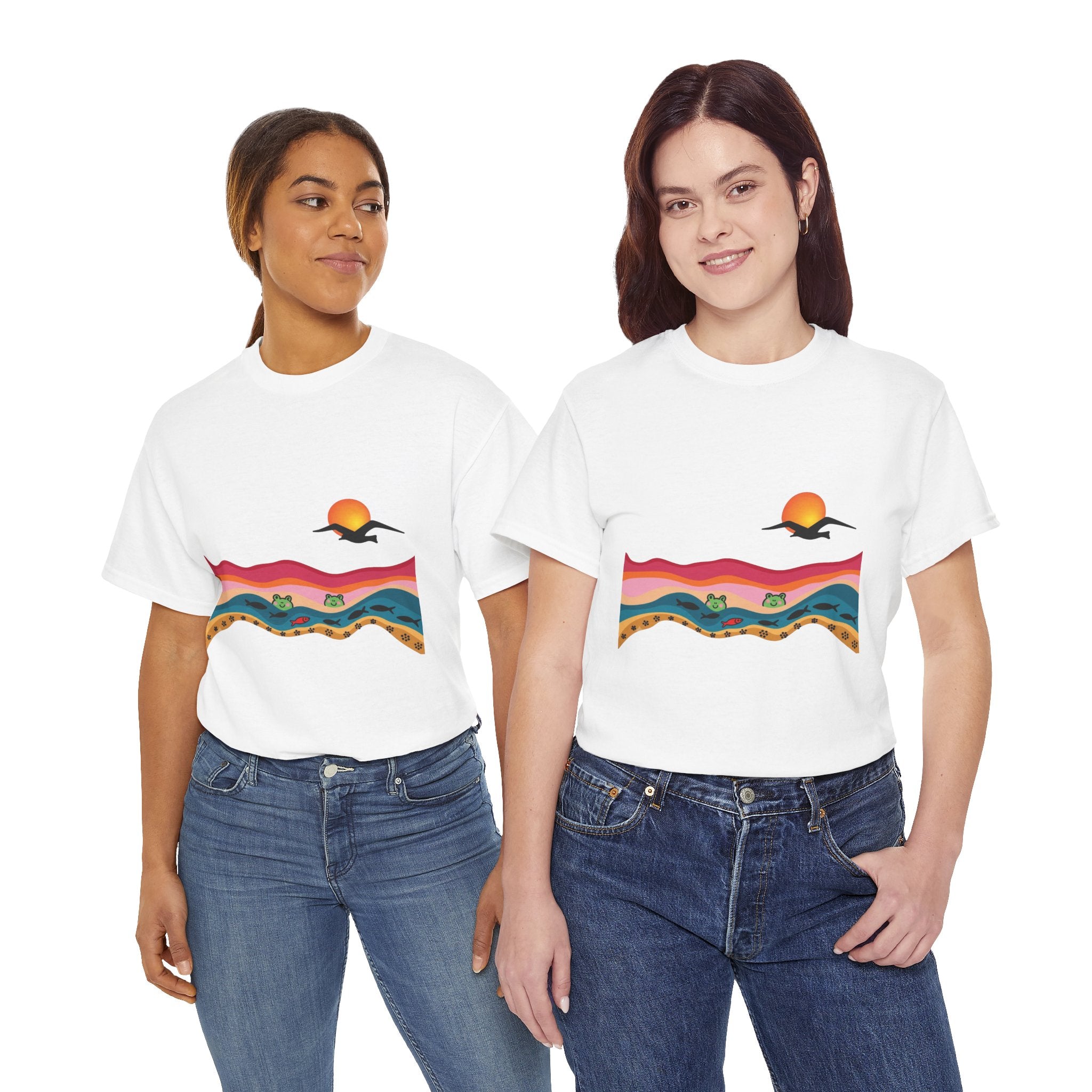 Sunset Desert Waves Tee | Vibrant Southwestern Landscape, Bird Silhouette