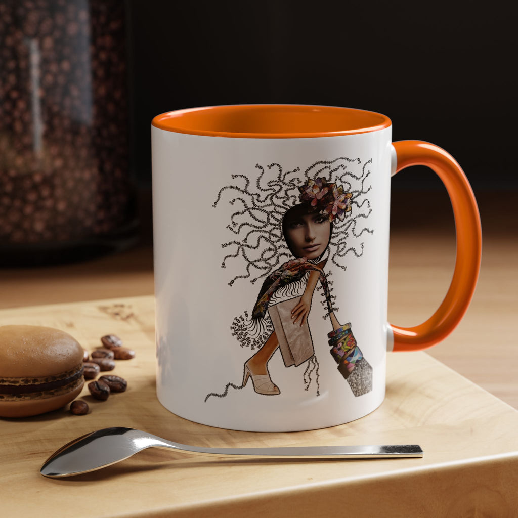Medusa Face Collage Accent Coffee Mug | Surreal Hair Tendrils, Fashion Elements