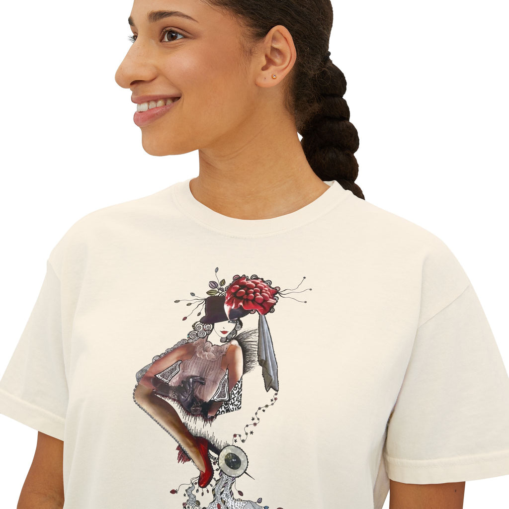 Surreal Floral-Head Figure Boxy Tee | Collage Art, Abstract Portrait